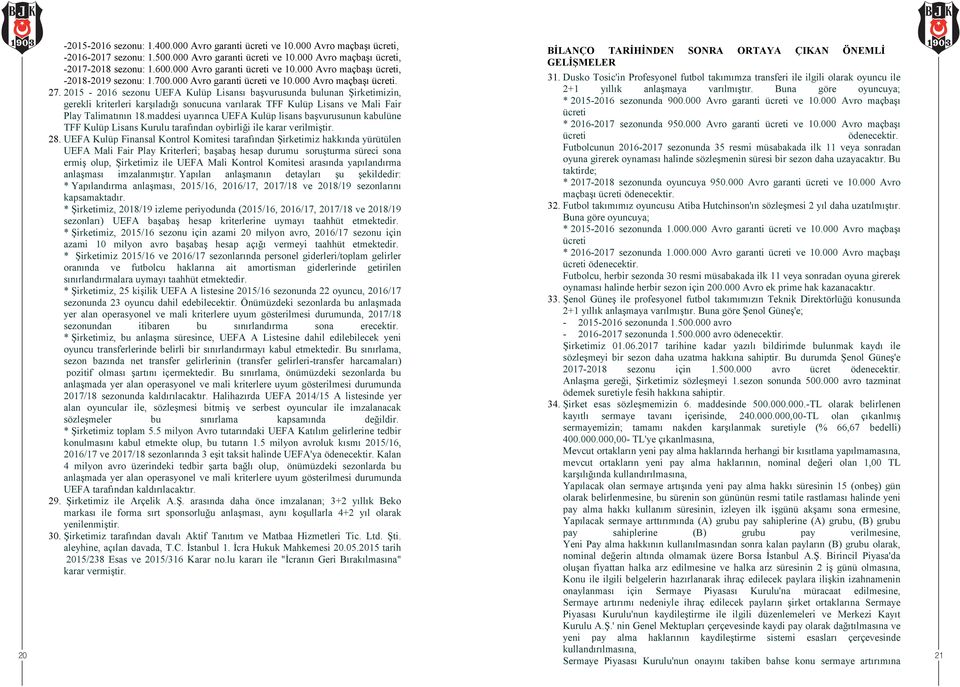 2015-2016 sezonu UEFA Kulüp Lisansı başvurusunda bulunan Şirketimizin, gerekli kriterleri karşıladığı sonucuna varılarak TFF Kulüp Lisans ve Mali Fair Play Talimatının 18.