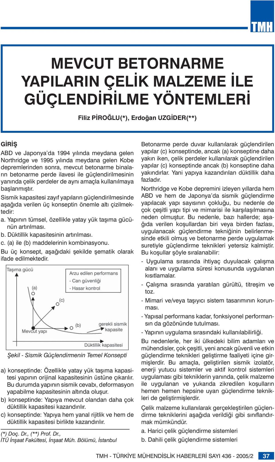 Sismik kapasitesi zayıf yapıların güçlendirilmesinde aşağıda verilen üç konseptin önemle altı çizilmektedir: a. Yapının tümsel, özellikle yatay yük taşıma gücünün artırılması. b.