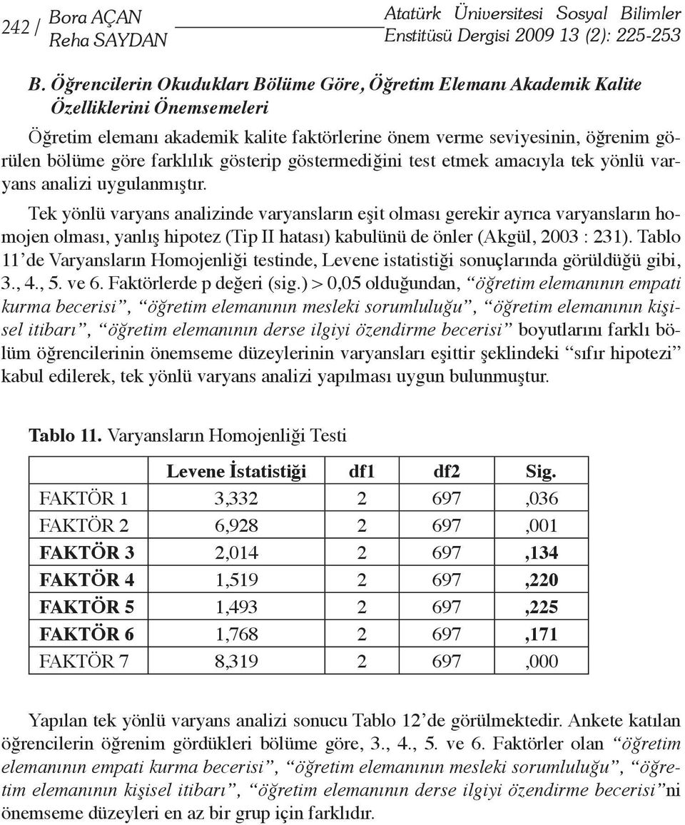 farklılık gösterip göstermediğini test etmek amacıyla tek yönlü varyans analizi uygulanmıştır.