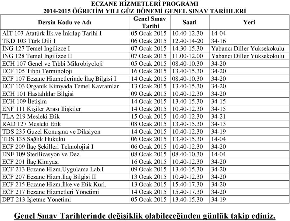 40-15.30 34-20 ECH 101 Hastalıklar Bilgisi 09 Ocak 2015 10.40-12.30 34-20 ECH 109 İletişim 14 Ocak 2015 13.40-15.30 34-15 ENF 111 Kişiler Arası İlişkiler 14 Ocak 2015 10.40-12.30 34-15 TLA 219 Mesleki Etik 15 Ocak 2015 10.