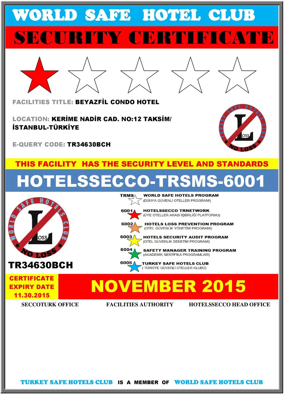 NO:12 TAKSİM/ İSTANBUL-TÜRKİYE E-QUERY CODE: TR34630BCH THIS FACILITY HAS THE SECURITY