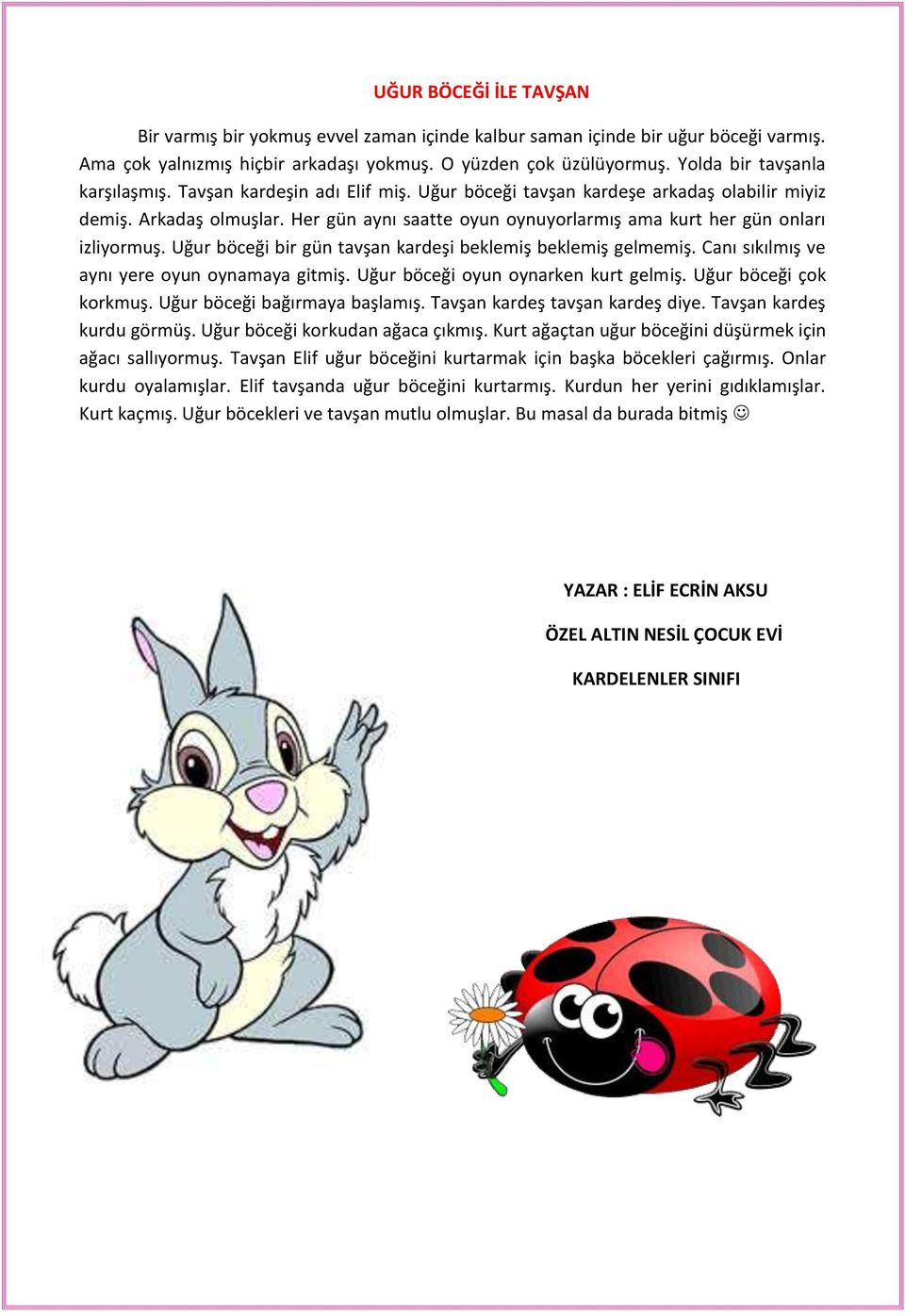 Her gün aynı saatte oyun oynuyorlarmış ama kurt her gün onları izliyormuş. Uğur böceği bir gün tavşan kardeşi beklemiş beklemiş gelmemiş. Canı sıkılmış ve aynı yere oyun oynamaya gitmiş.