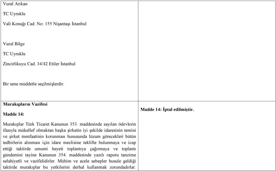 maddesinde sayılan ödevlerin ifasıyla mükellef olmaktan başka şirketin iyi şekilde idaresinin temini ve şirket menfaatinin korunması hususunda lüzum görecekleri bütün tedbirlerin alınması