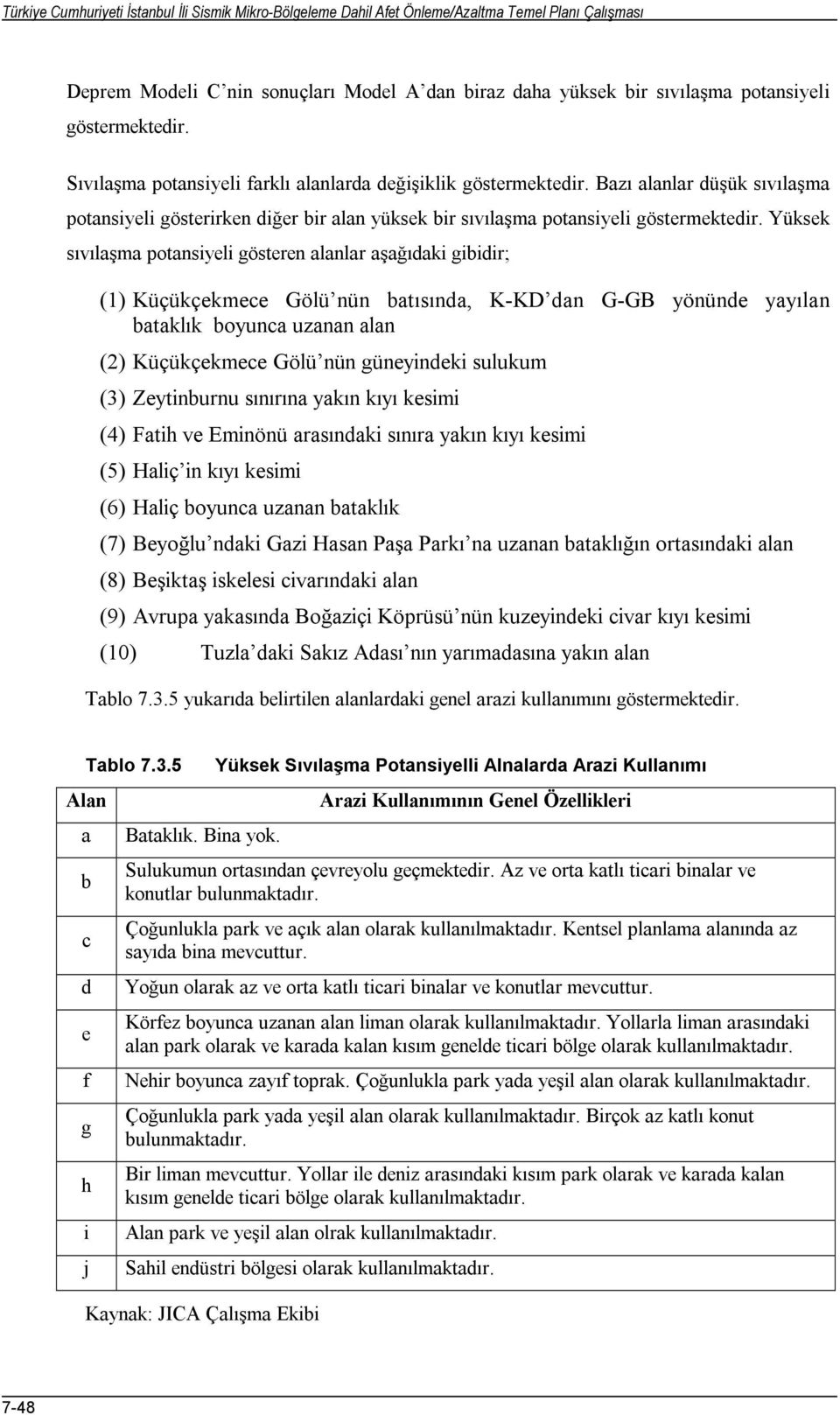 Yüksek sıvılaşma potansiyeli gösteren alanlar aşağıdaki gibidir; (1) Küçükçekmece Gölü nün batısında, K-KD dan G-GB yönünde yayılan bataklık boyunca uzanan alan (2) Küçükçekmece Gölü nün güneyindeki