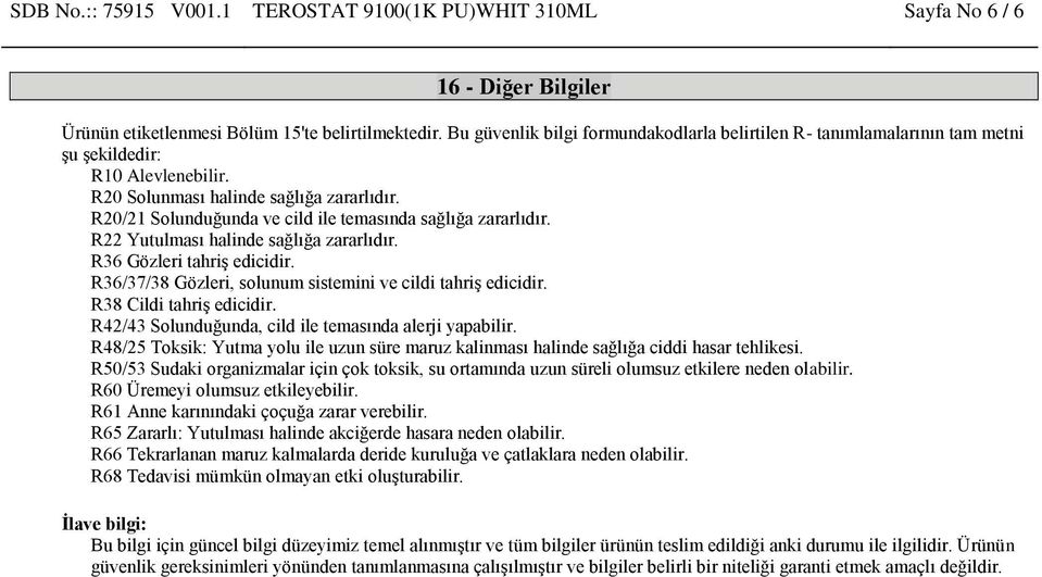 R20/21 Solunduğunda ve cild ile temasında sağlığa zararlıdır. R22 Yutulması halinde sağlığa zararlıdır. R36 Gözleri tahriş edicidir. R36/37/38 Gözleri, solunum sistemini ve cildi tahriş edicidir.