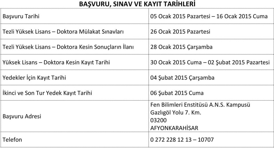 Pazartesi 28 Ocak 2015 Çarşamba 30 Ocak 2015 Cuma 02 Şubat 2015 Pazartesi 04 Şubat 2015 Çarşamba İkinci ve Son Tur Yedek Kayıt Tarihi