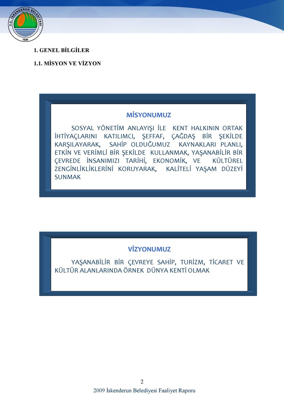 BİR ÇEVREDE İNSANIMIZI TARİHİ, EKONOMİK, VE KÜLTÜREL ZENGİNLİKLİKLERİNİ KORUYARAK, KALİTELİ YAŞAM DÜZEYİ SUNMAK VİZYONUMUZ