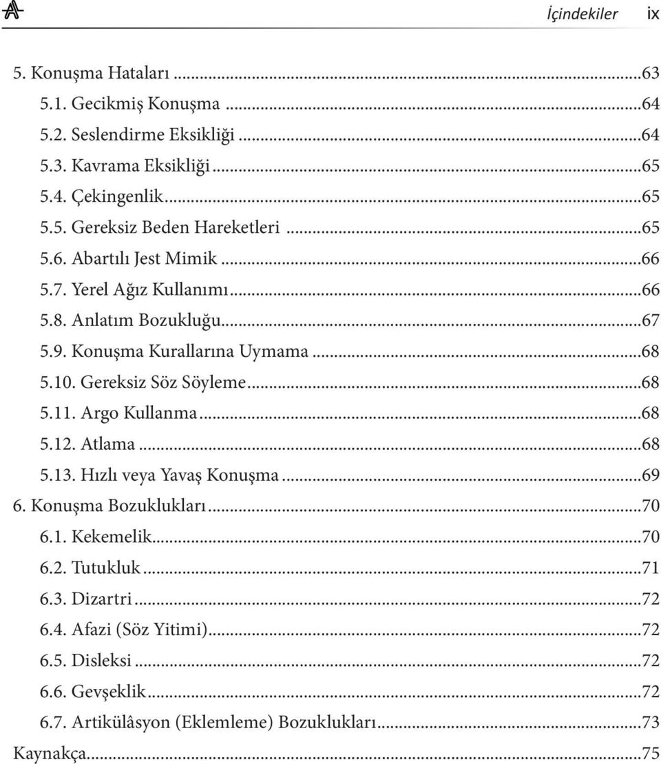 Gereksiz Söz Söyleme...68 5.11. Argo Kullanma...68 5.12. Atlama...68 5.13. Hızlı veya Yavaş Konuşma...69 6. Konuşma Bozuklukları...70 6.1. Kekemelik...70 6.2. Tutukluk.