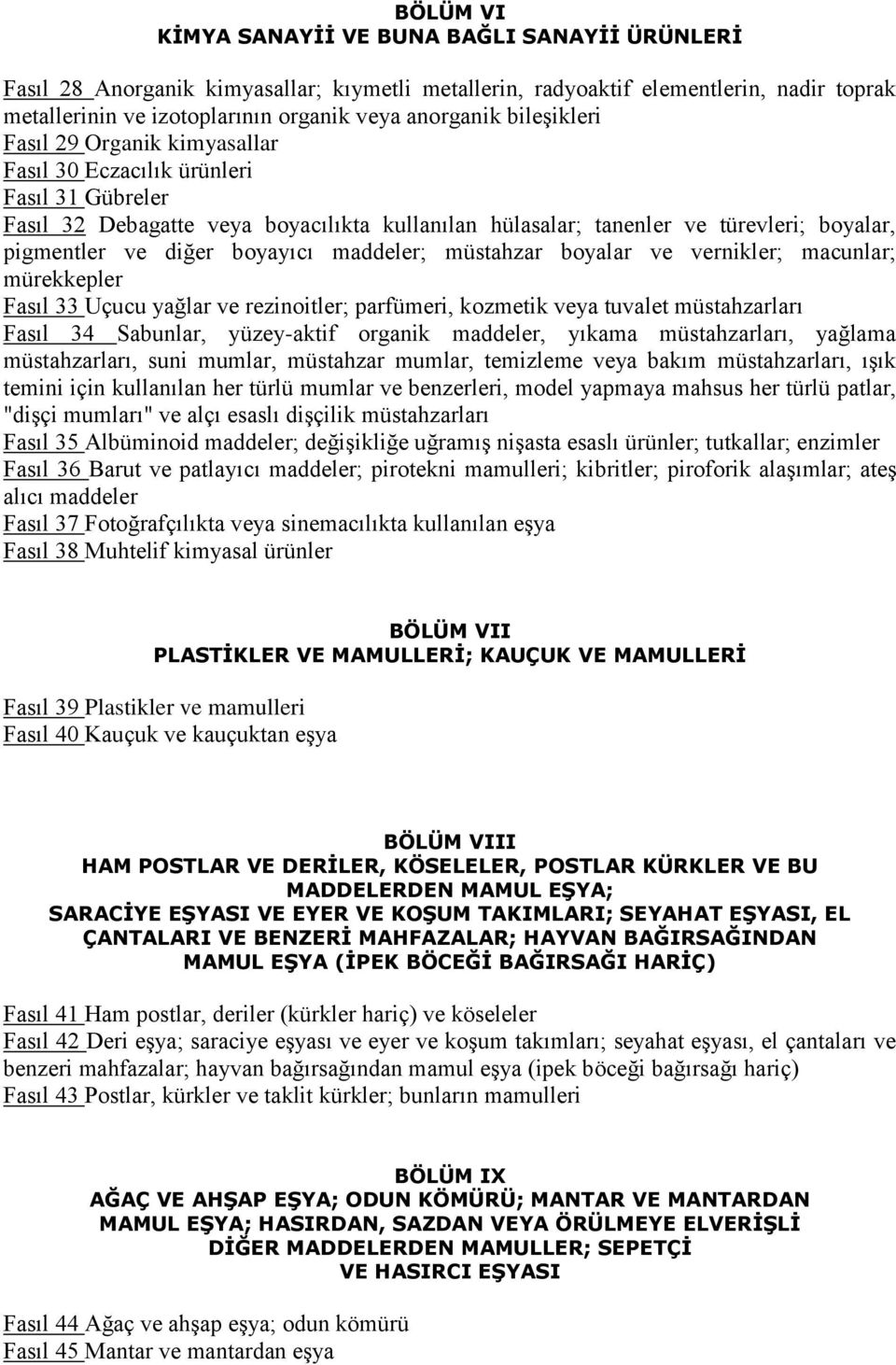 boyayıcı maddeler; müstahzar boyalar ve vernikler; macunlar; mürekkepler Fasıl 33 Uçucu yağlar ve rezinoitler; parfümeri, kozmetik veya tuvalet müstahzarları Fasıl 34 Sabunlar, yüzey-aktif organik