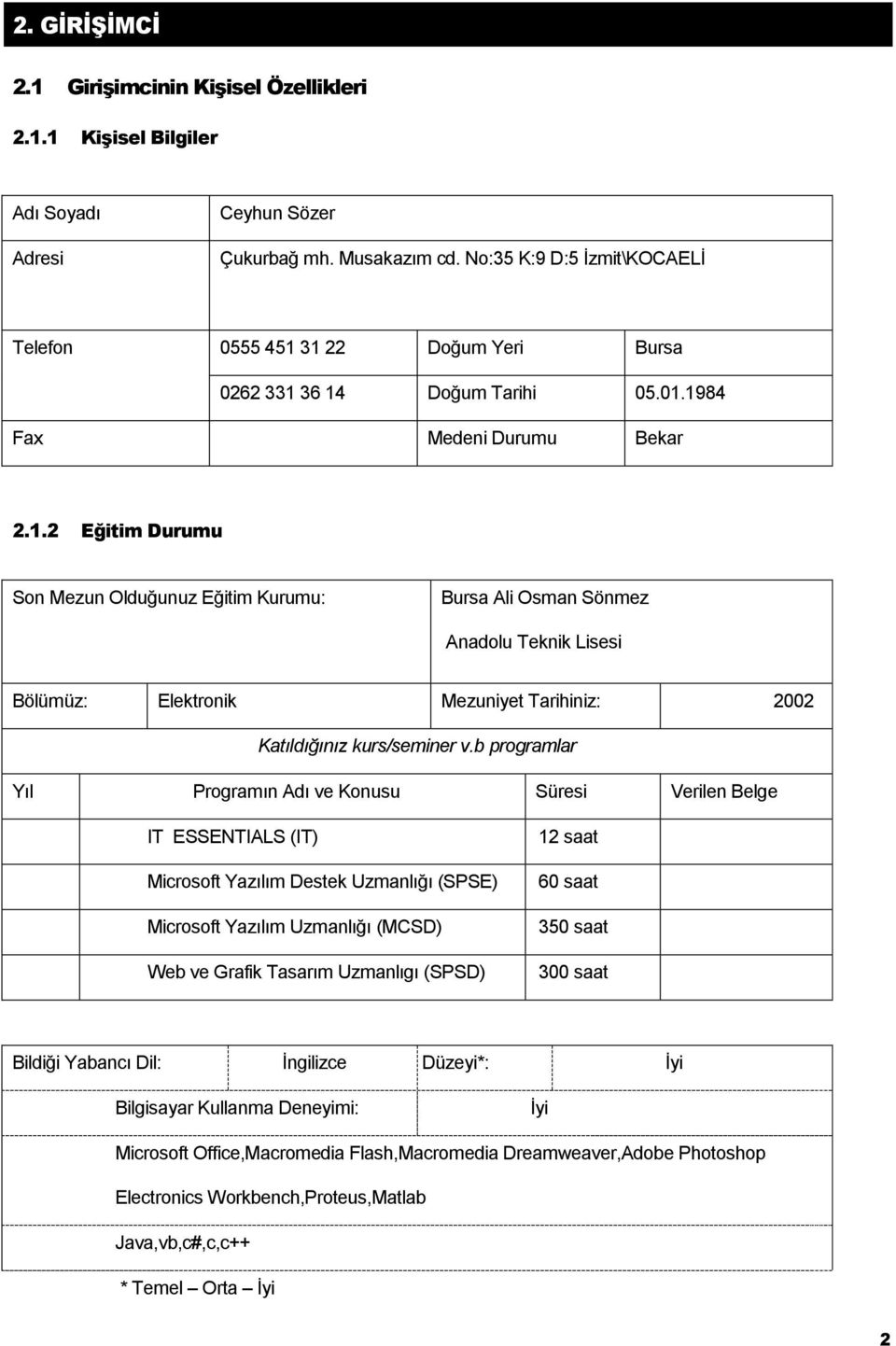 31 22 Doğum Yeri Bursa 0262 331 36 14 Doğum Tarihi 05.01.1984 Fax Medeni Durumu Bekar 2.1.2 Eğitim Durumu Son Mezun Olduğunuz Eğitim Kurumu: Bursa Ali Osman Sönmez Anadolu Teknik Lisesi Bölümüz: Elektronik Mezuniyet Tarihiniz: 2002 Katıldığınız kurs/seminer v.