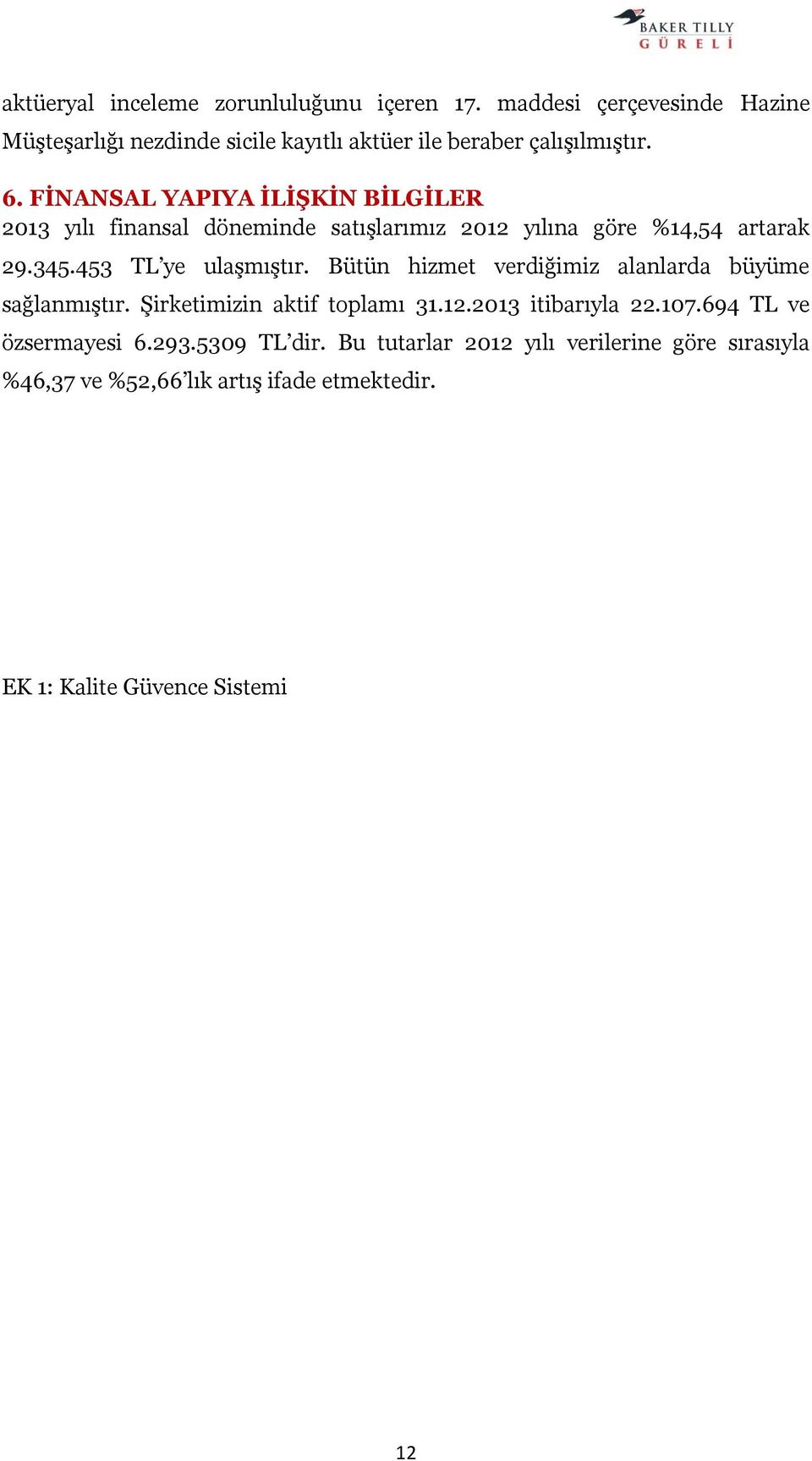 FİNANSAL YAPIYA İLİŞKİN BİLGİLER 2013 yılı finansal döneminde satışlarımız 2012 yılına göre %14,54 artarak 29.345.453 TL ye ulaşmıştır.