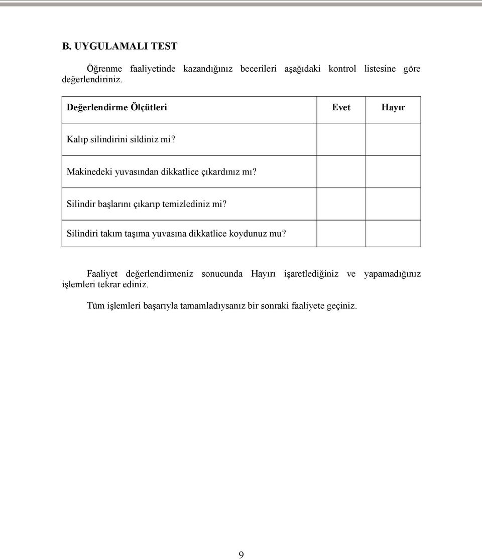 Silindir başlarını çıkarıp temizlediniz mi? Silindiri takım taşıma yuvasına dikkatlice koydunuz mu?