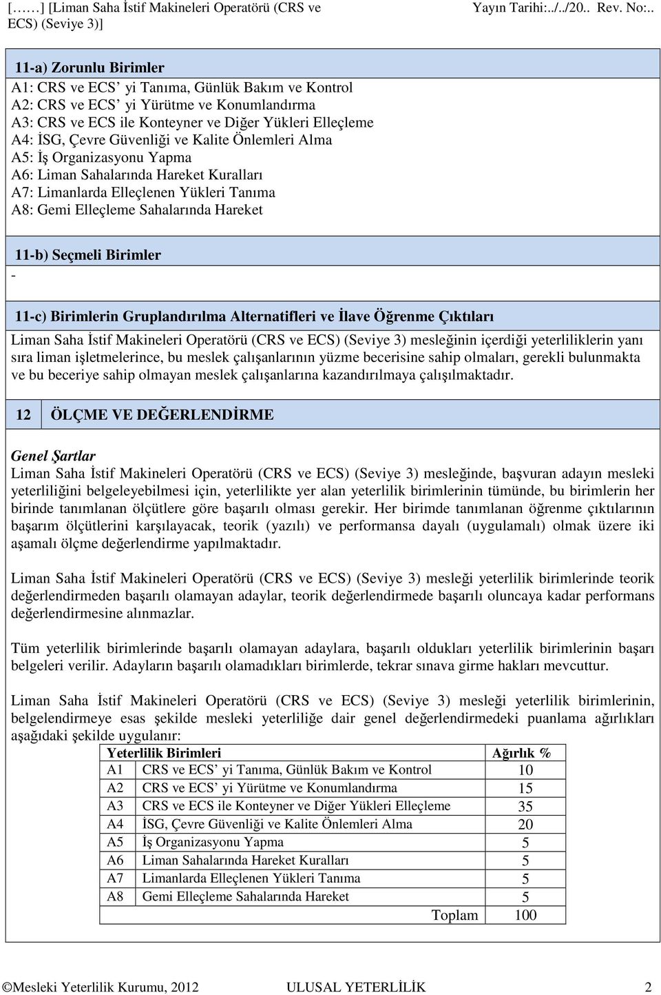 Birimlerin Gruplandırılma Alternatifleri ve İlave Öğrenme Çıktıları Liman Saha İstif Makineleri Operatörü (CRS ve ECS) (Seviye 3) mesleğinin içerdiği yeterliliklerin yanı sıra liman işletmelerince,