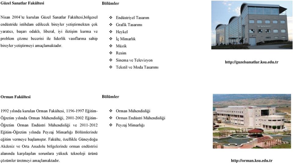 Endüstriyel Tasarım Grafik Tasarımı Heykel İç Mimarlık Müzik Resim Sinema ve Televizyon Tekstil ve Moda Tasarımı http://guzelsanatlar.ksu.edu.