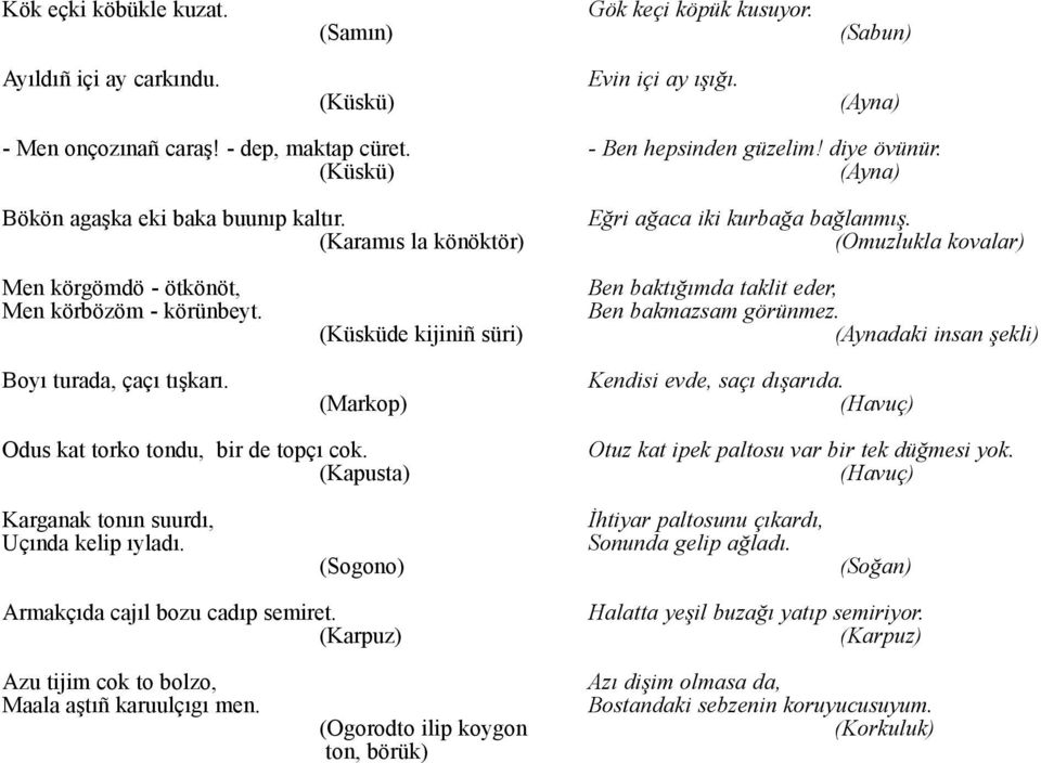 Boyý turada, çaçý týþkarý. (Küsküde kijiniñ süri) (Markop) Ben baktýðýmda taklit eder, Ben bakmazsam görünmez. (Aynadaki insan þekli) Kendisi evde, saçý dýþarýda.