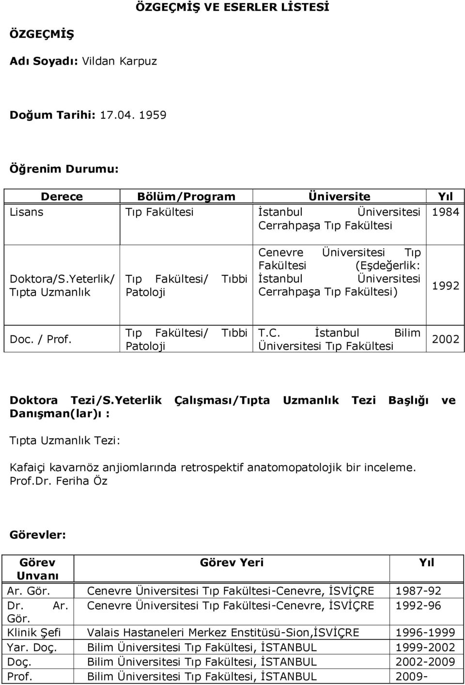 Yeterlik/ Tıpta Uzmanlık Tıp Fakültesi/ Tıbbi Patoloji Cenevre Üniversitesi Tıp Fakültesi (Eşdeğerlik: İstanbul Üniversitesi Cerrahpaşa Tıp Fakültesi) 1992 Doc. / Prof.