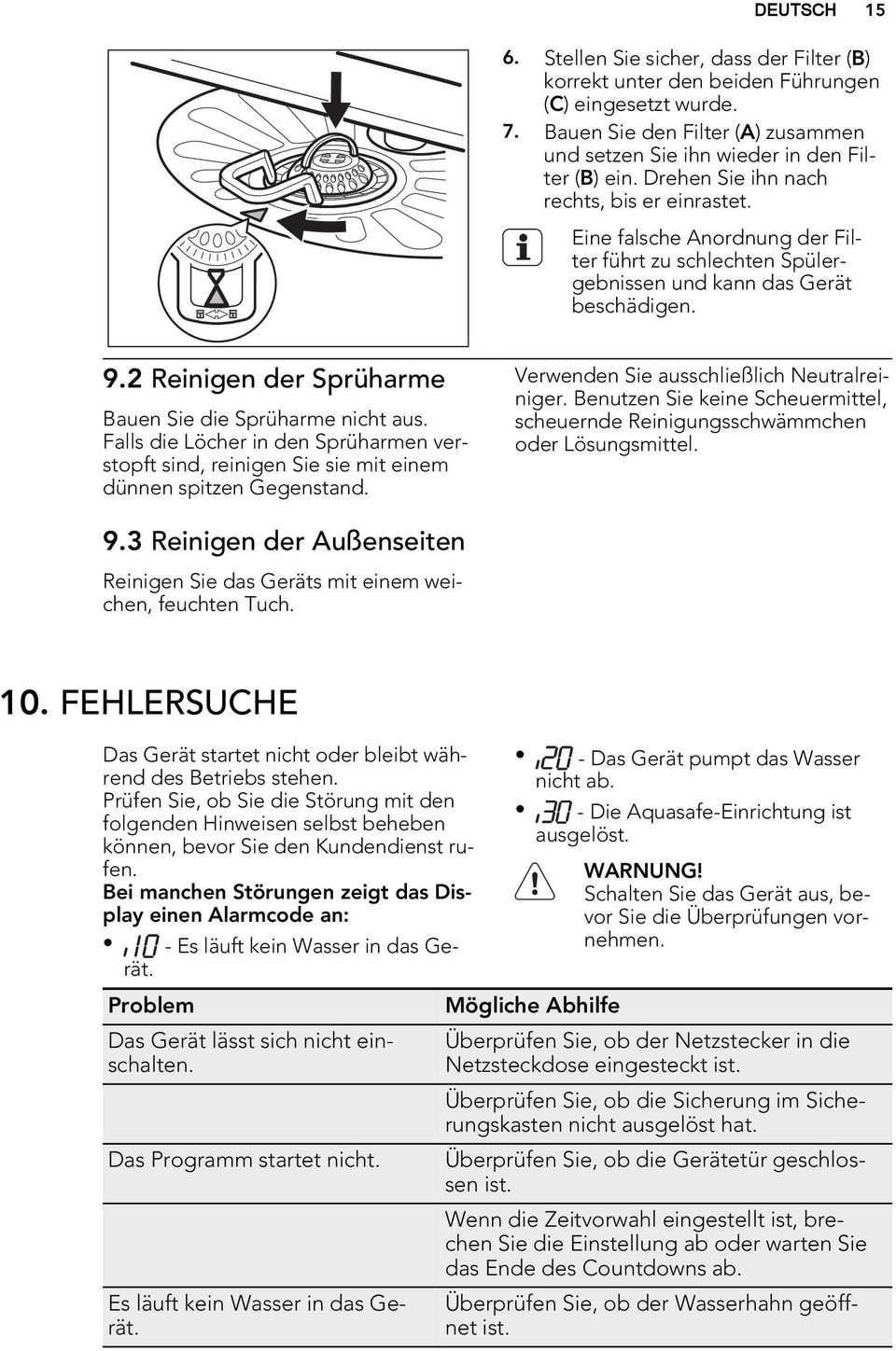 2 Reinigen der Sprüharme Bauen Sie die Sprüharme nicht aus. Falls die Löcher in den Sprüharmen verstopft sind, reinigen Sie sie mit einem dünnen spitzen Gegenstand.