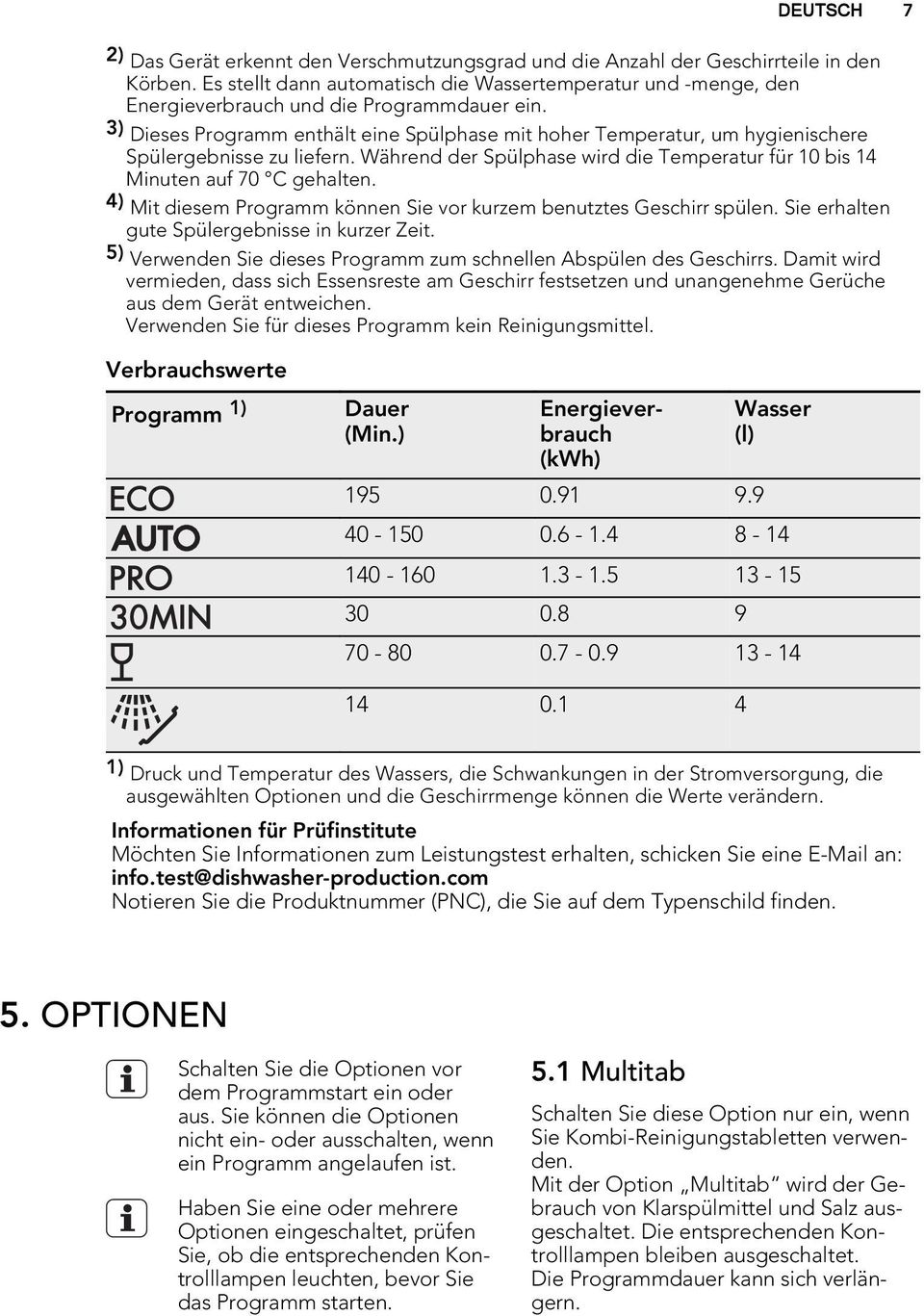 3) Dieses Programm enthält eine Spülphase mit hoher Temperatur, um hygienischere Spülergebnisse zu liefern. Während der Spülphase wird die Temperatur für 10 bis 14 Minuten auf 70 C gehalten.