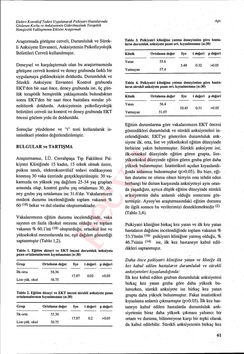 Durumluluk ve Sürekli Anksiyete Envanteri Kontrol grubunda EKT'den bir saat önce, deney grubunda ise, üç günlük terapötik hem şirelik yaklaşımında bulunduktan sonra EKT'den bir saat önce hastalara