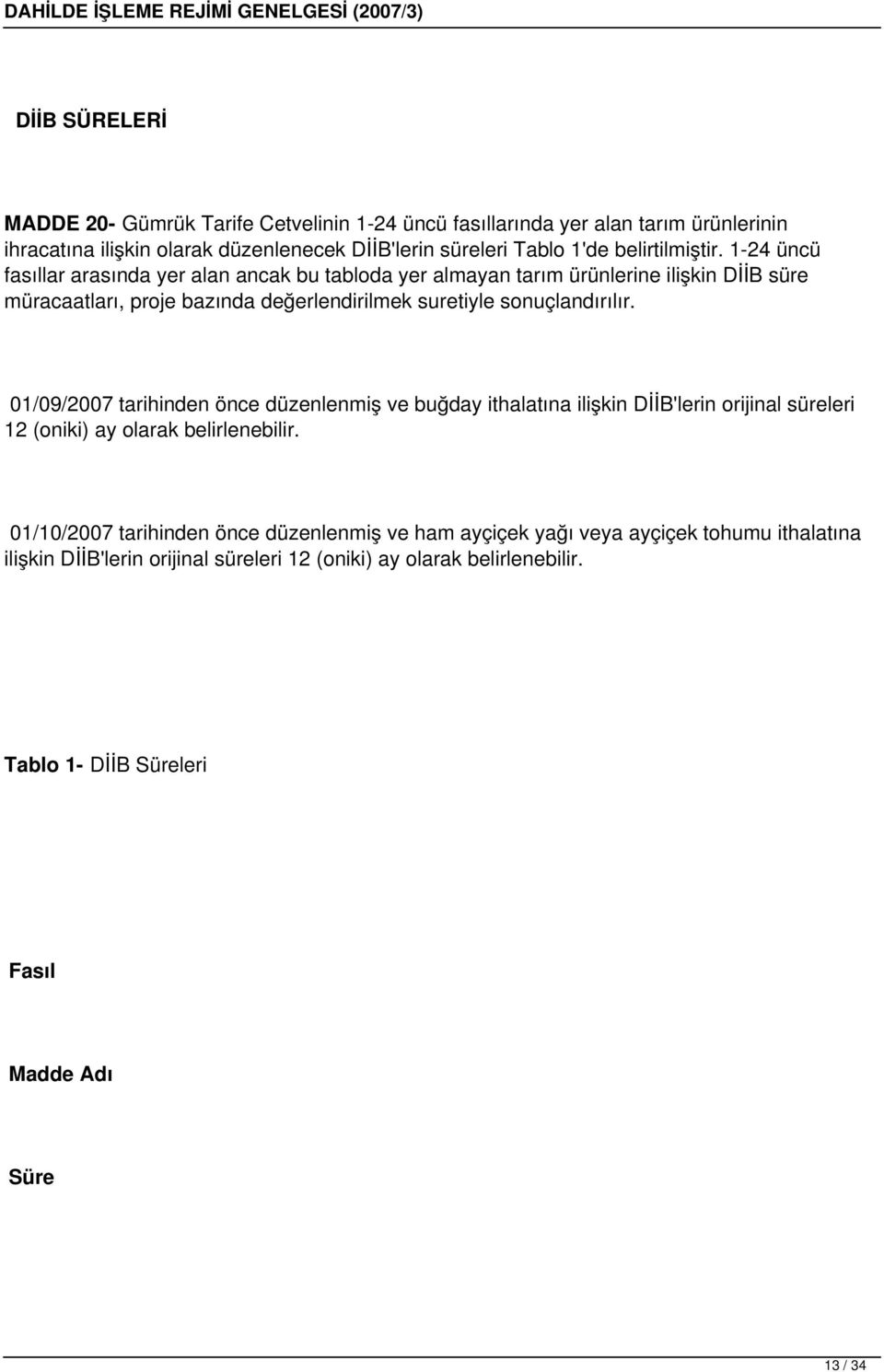 1-24 üncü fasıllar arasında yer alan ancak bu tabloda yer almayan tarım ürünlerine ilişkin DİİB süre müracaatları, proje bazında değerlendirilmek suretiyle sonuçlandırılır.