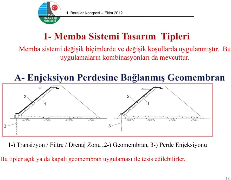 1-) Transizyon / Filtre / Drenaj Zonu,2-) Geomembran, 3-) Perde