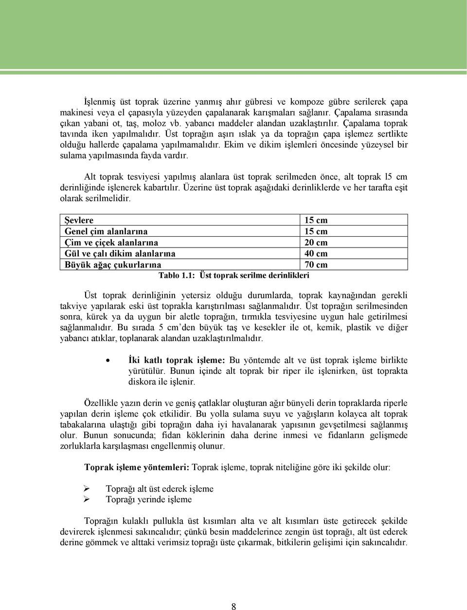 Ekim ve dikim işlemleri öncesinde yüzeysel bir sulama yapılmasında fayda vardır. Alt toprak tesviyesi yapılmış alanlara üst toprak serilmeden önce, alt toprak l5 cm derinliğinde işlenerek kabartılır.