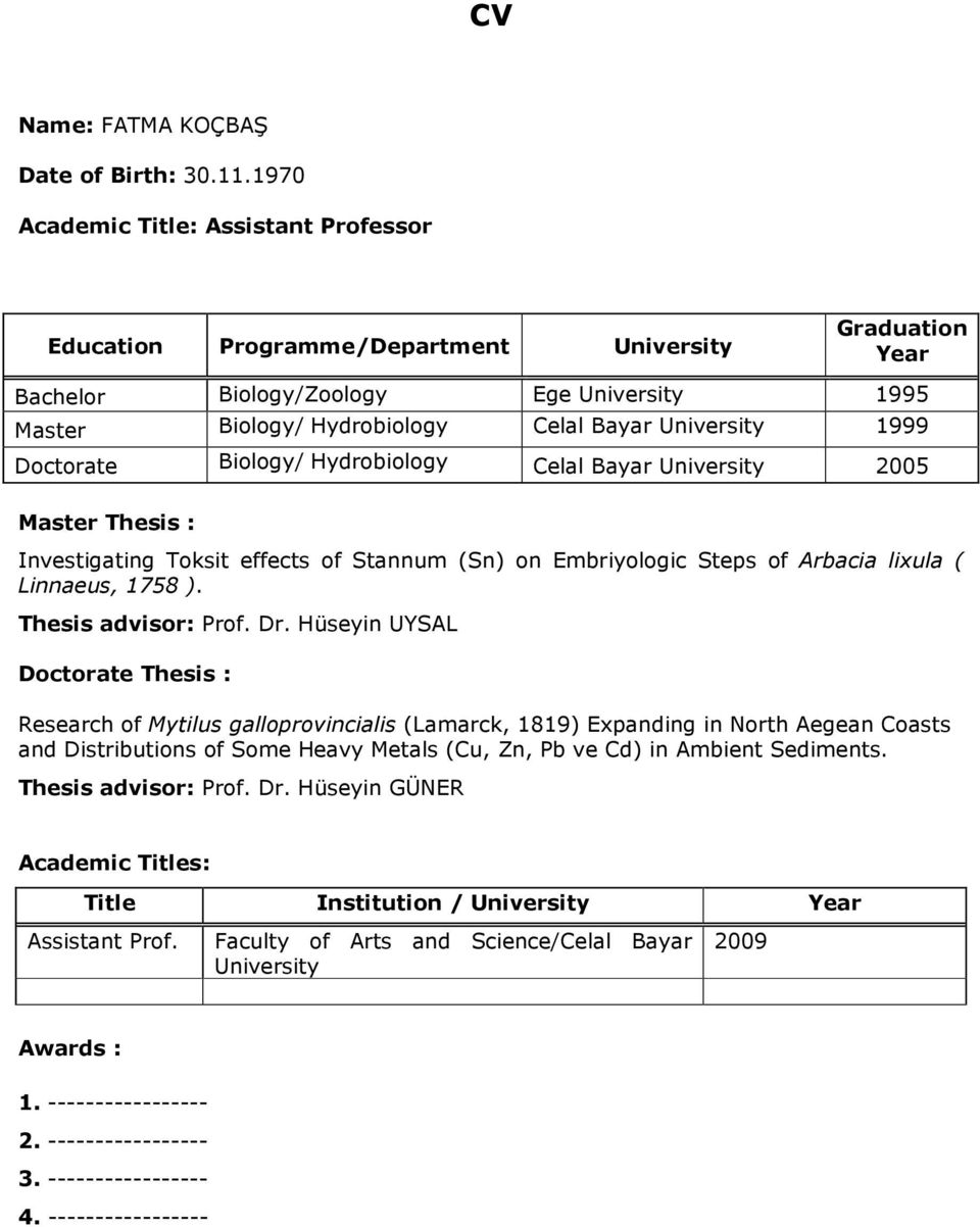 1999 Doctorate Biology/ Hydrobiology Celal Bayar University 2005 Master Thesis : Investigating Toksit effects of Stannum (Sn) on Embriyologic Steps of Arbacia lixula ( Linnaeus, 1758 ).