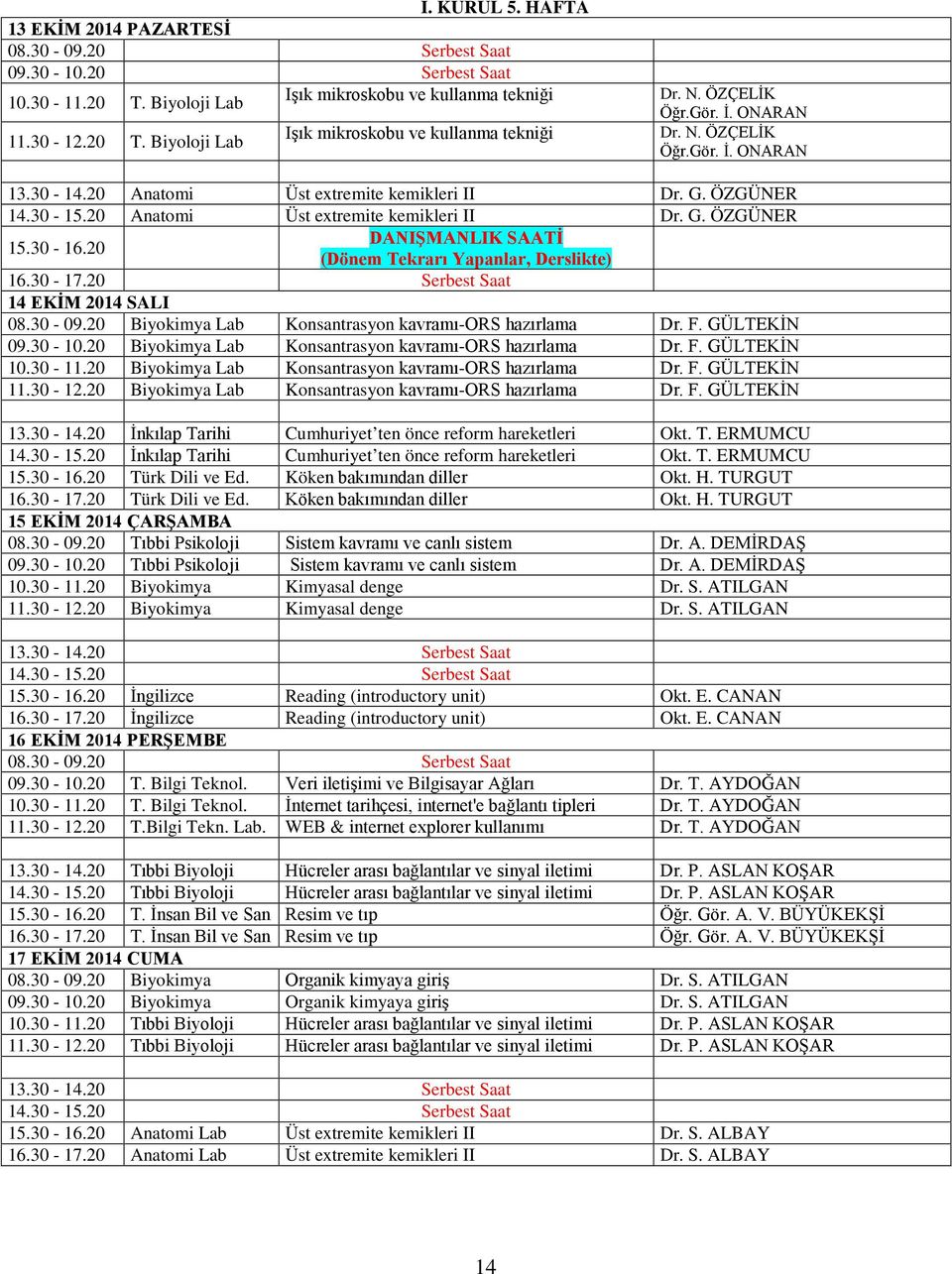 20 14 EKİM 2014 SALI 08.30-09.20 Biyokimya Lab Konsantrasyon kavramı-ors hazırlama Dr. F. GÜLTEKİN 09.30-10.20 Biyokimya Lab Konsantrasyon kavramı-ors hazırlama Dr. F. GÜLTEKİN 10.30-11.