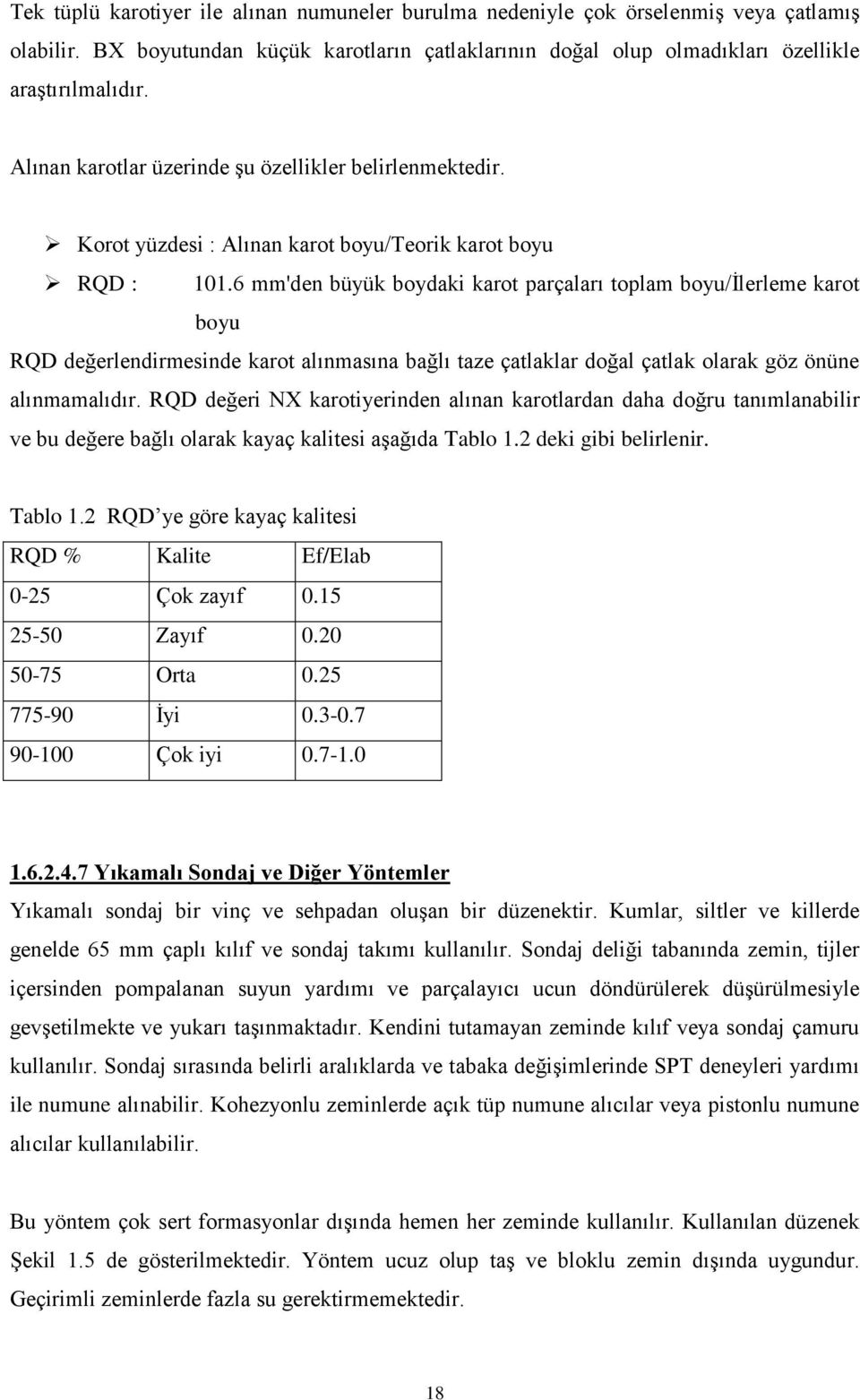 6 mm'den büyük boydaki karot parçaları toplam boyu/ġlerleme karot boyu RQD değerlendirmesinde karot alınmasına bağlı taze çatlaklar doğal çatlak olarak göz önüne alınmamalıdır.