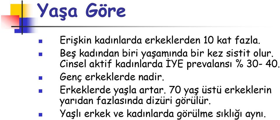 Cinsel aktif kadınlarda İYE prevalansı % 30-40. Genç erkeklerde nadir.