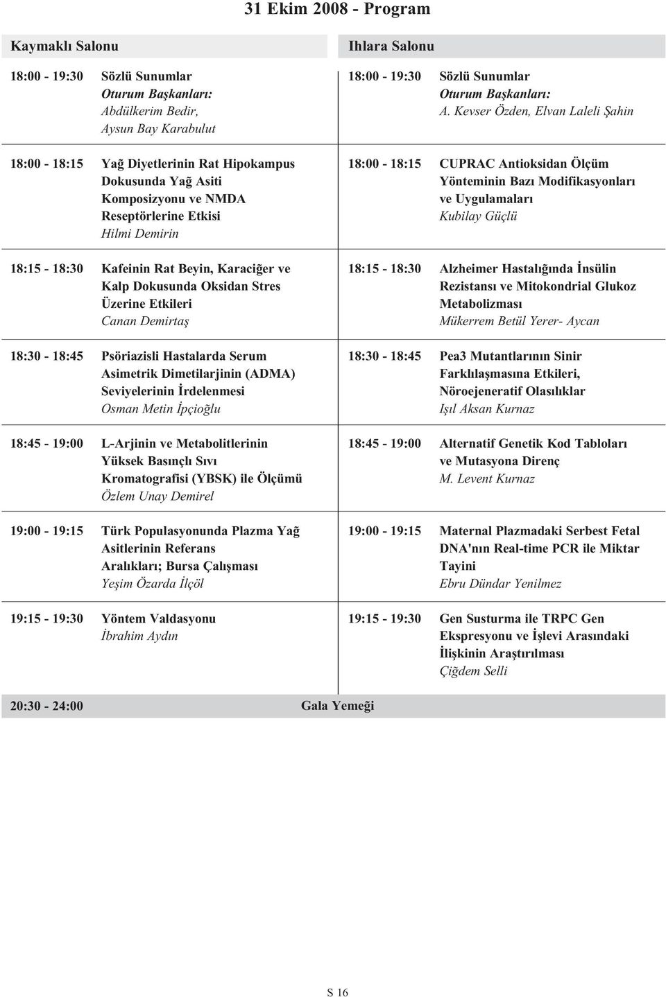 Asimetrik Dimetilarjinin (ADMA) Seviyelerinin rdelenmesi Osman Metin pçio lu 18:45-19:00 L-Arjinin ve Metabolitlerinin Yüksek Bas nçl S v Kromatografisi (YBSK) ile Ölçümü Özlem Unay Demirel