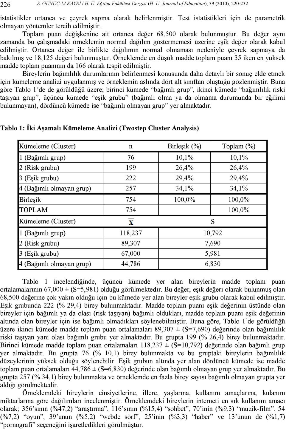 Bu değer aynı zamanda bu çalışmadaki örneklemin normal dağılım göstermemesi üzerine eşik değer olarak kabul edilmiştir.