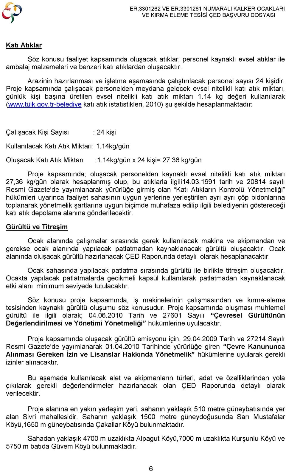 Proje kapsamında çalışacak personelden meydana gelecek evsel nitelikli katı atık miktarı, günlük kişi başına üretilen evsel nitelikli katı atık miktarı 1.14 kg değeri kullanılarak (www.tüik.gov.