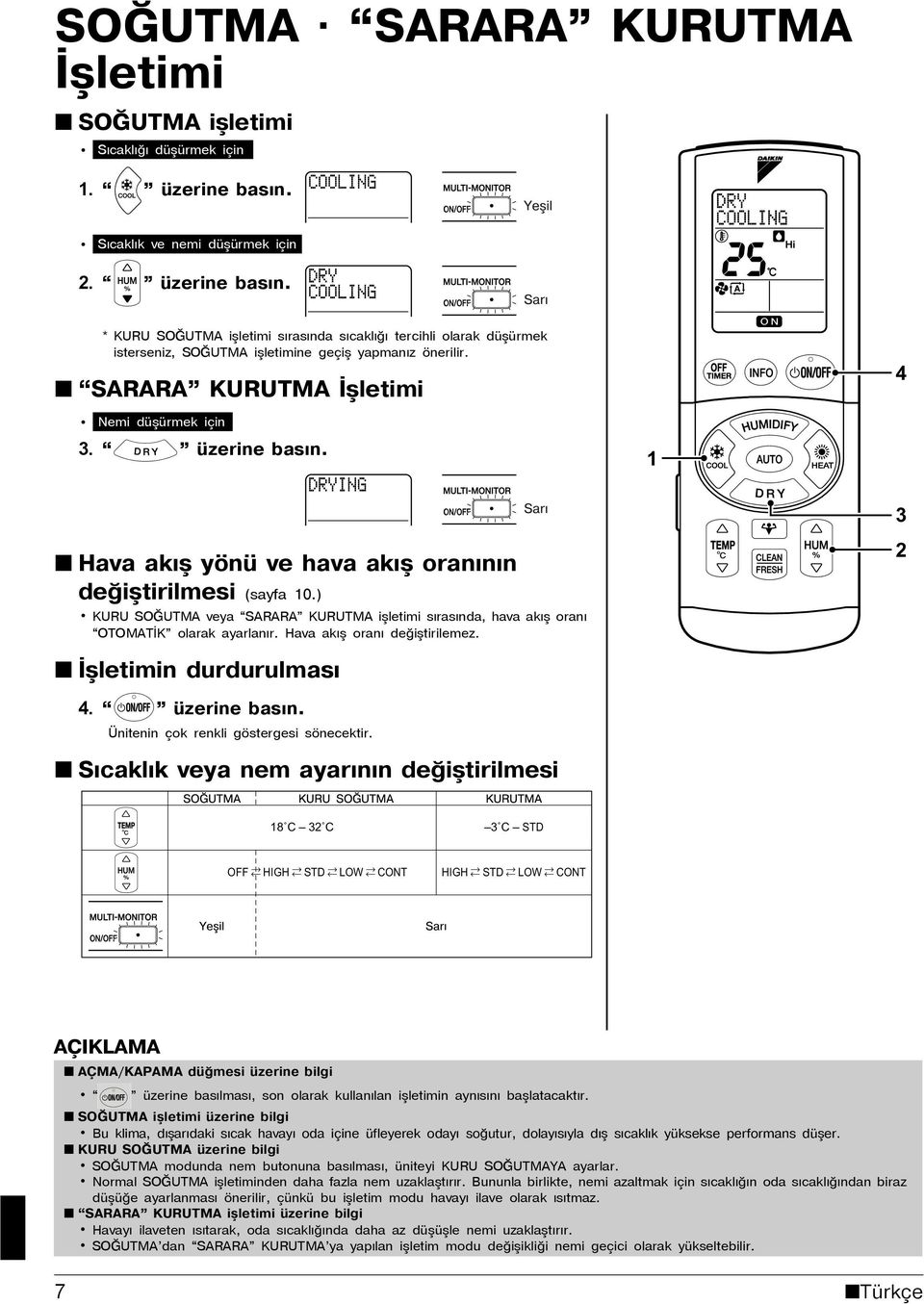 SARARA KURUTMA İşletimi 4 Nemi düþürmek için 3. üzerine basýn. 1 Hava akýş yönü ve hava akýş oranýnýn değiştirilmesi (sayfa 10.