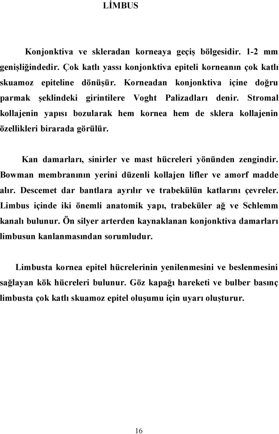 Kan damarları, sinirler ve mast hücreleri yönünden zengindir. Bowman membranının yerini düzenli kollajen lifler ve amorf madde alır. Descemet dar bantlara ayrılır ve trabekülün katlarını çevreler.