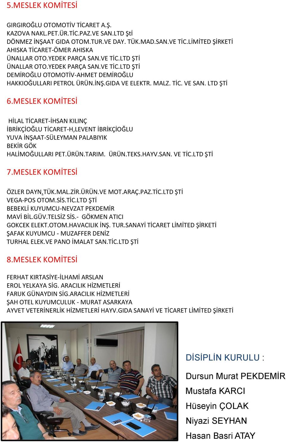 GIDA VE ELEKTR. MALZ. TİC. VE SAN. LTD ŞTİ 6.MESLEK KOMİTESİ HİLAL TİCARET-İHSAN KILINÇ İBRİKÇİOĞLU TİCARET-H,LEVENT İBRİKÇİOĞLU YUVA İNŞAAT-SÜLEYMAN PALABIYIK BEKİR GÖK HALİMOĞULLARI PET.ÜRÜN.TARIM.