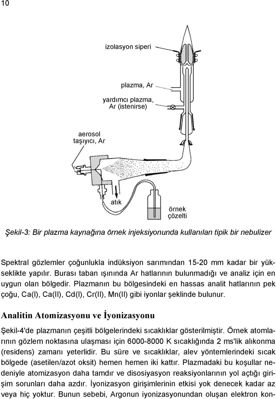 Plazmanın bu bölgesindeki en hassas analit hatlarının pek çoğu, Ca(I), Ca(II), Cd(I), Cr(II), Mn(II) gibi iyonlar şeklinde bulunur.