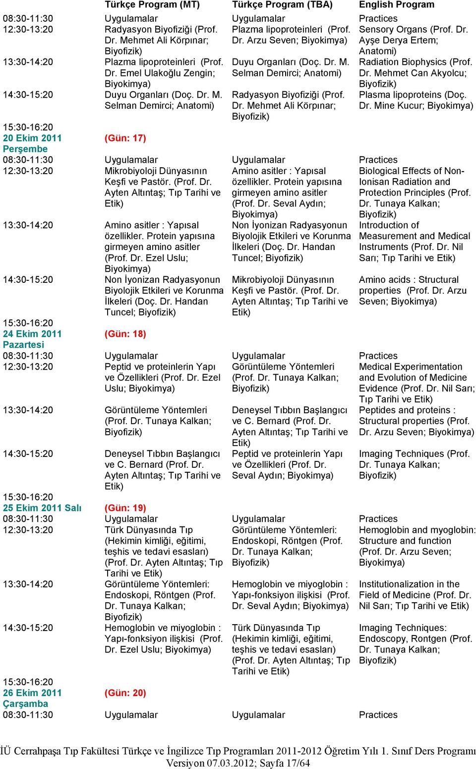 Dr. Mehmet Ali Körpınar; 12:30-13:20 Mikrobiyoloji Dünyasının Keşfi ve Pastör. (Prof. Dr. Ayten Altıntaş; Tıp Tarihi ve Etik) Amino asitler : Yapısal özellikler.