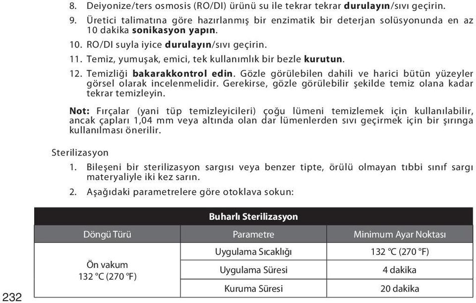 Gözle görülebilen dahili ve harici bütün yüzeyler görsel olarak incelenmelidir. Gerekirse, gözle görülebilir şekilde temiz olana kadar tekrar temizleyin.