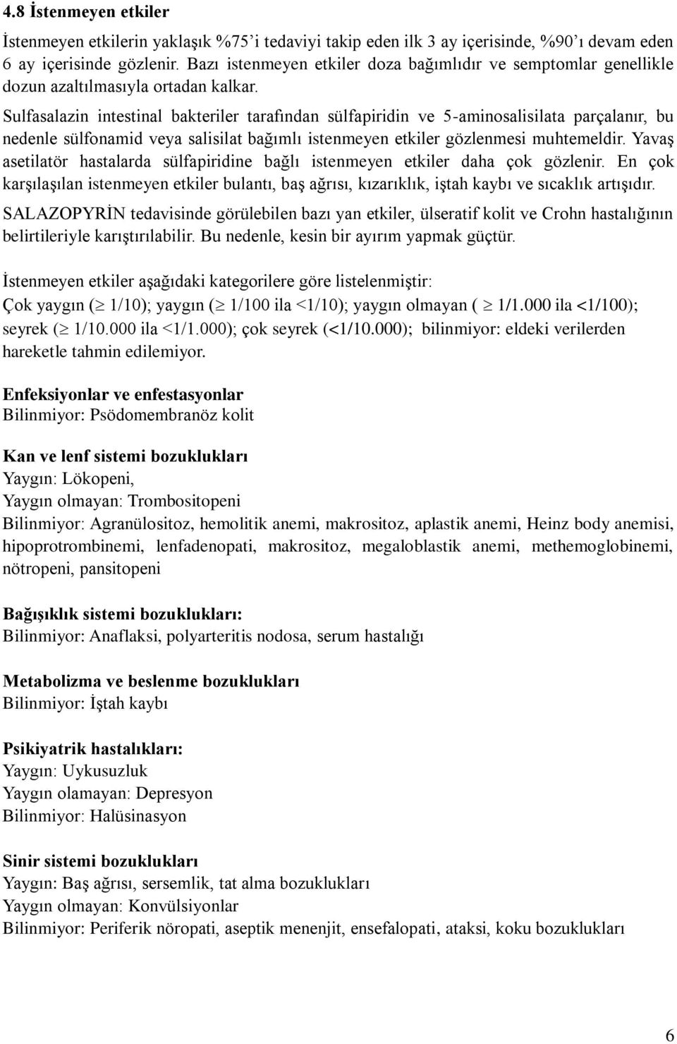 Sulfasalazin intestinal bakteriler tarafından sülfapiridin ve 5-aminosalisilata parçalanır, bu nedenle sülfonamid veya salisilat bağımlı istenmeyen etkiler gözlenmesi muhtemeldir.