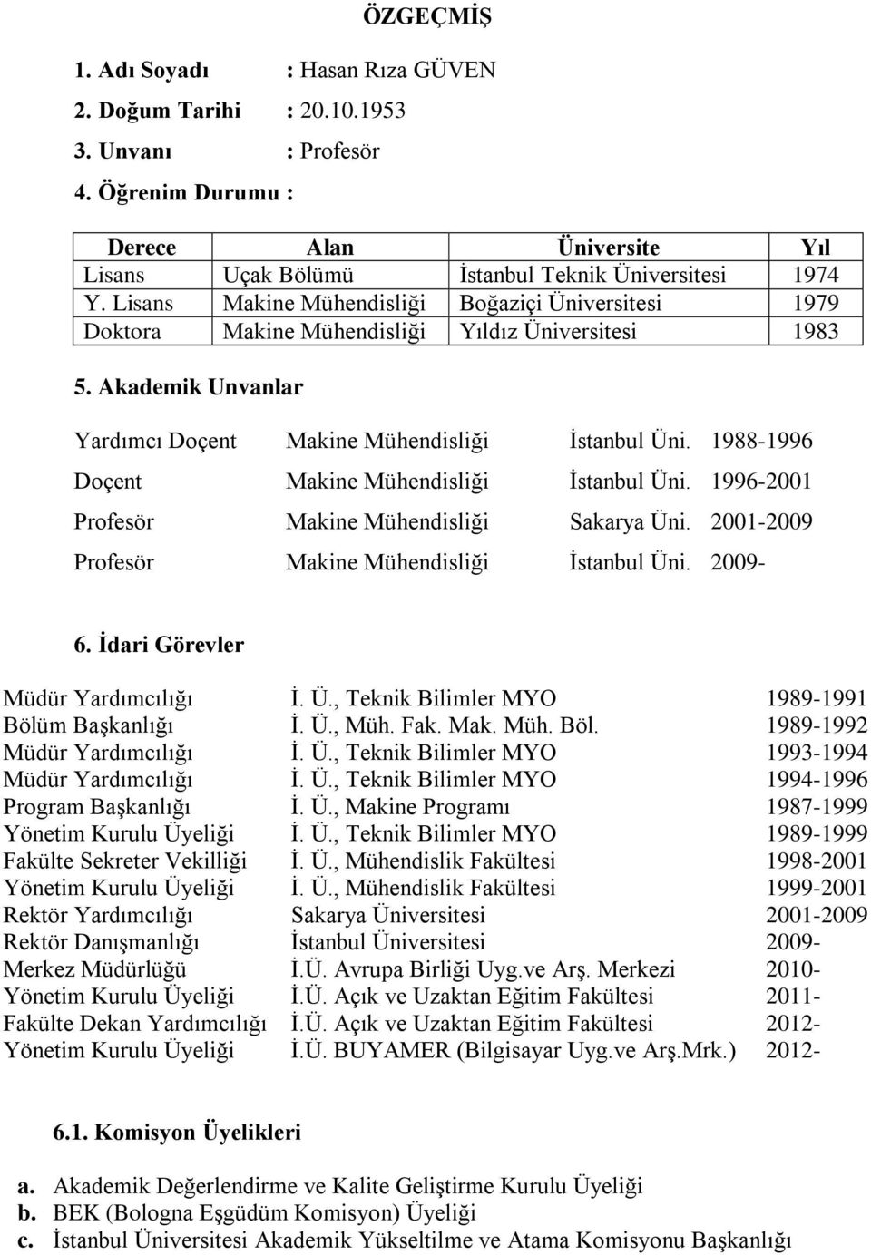 1988-1996 Doçent Makine Mühendisliği İstanbul Üni. 1996-2001 Profesör Makine Mühendisliği Sakarya Üni. 2001-2009 Profesör Makine Mühendisliği İstanbul Üni. 2009-6. İdari Görevler Müdür Yardımcılığı İ.