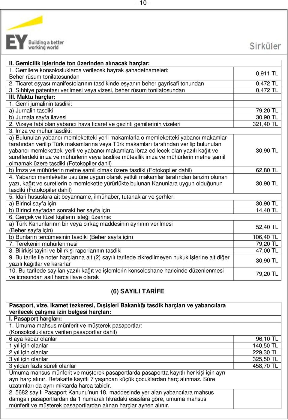 Gemi jurnalinin tasdiki: a) Jurnalin tasdiki 79,20 TL b) Jurnala sayfa ilavesi 30,90 TL 2. Vizeye tabi olan yabancı hava ticaret ve gezinti gemilerinin vizeleri 321,40 TL 3.