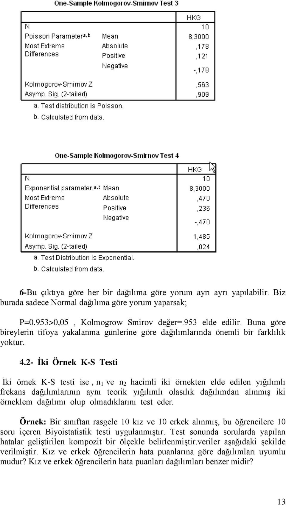 2- İki Örnek K-S Testi İki örnek K-S testi ise, n 1 ve n 2 hacimli iki örnekten elde edilen yığılımlı frekans dağılımlarının aynı teorik yığılımlı olasılık dağılımdan alınmış iki örneklem dağılımı