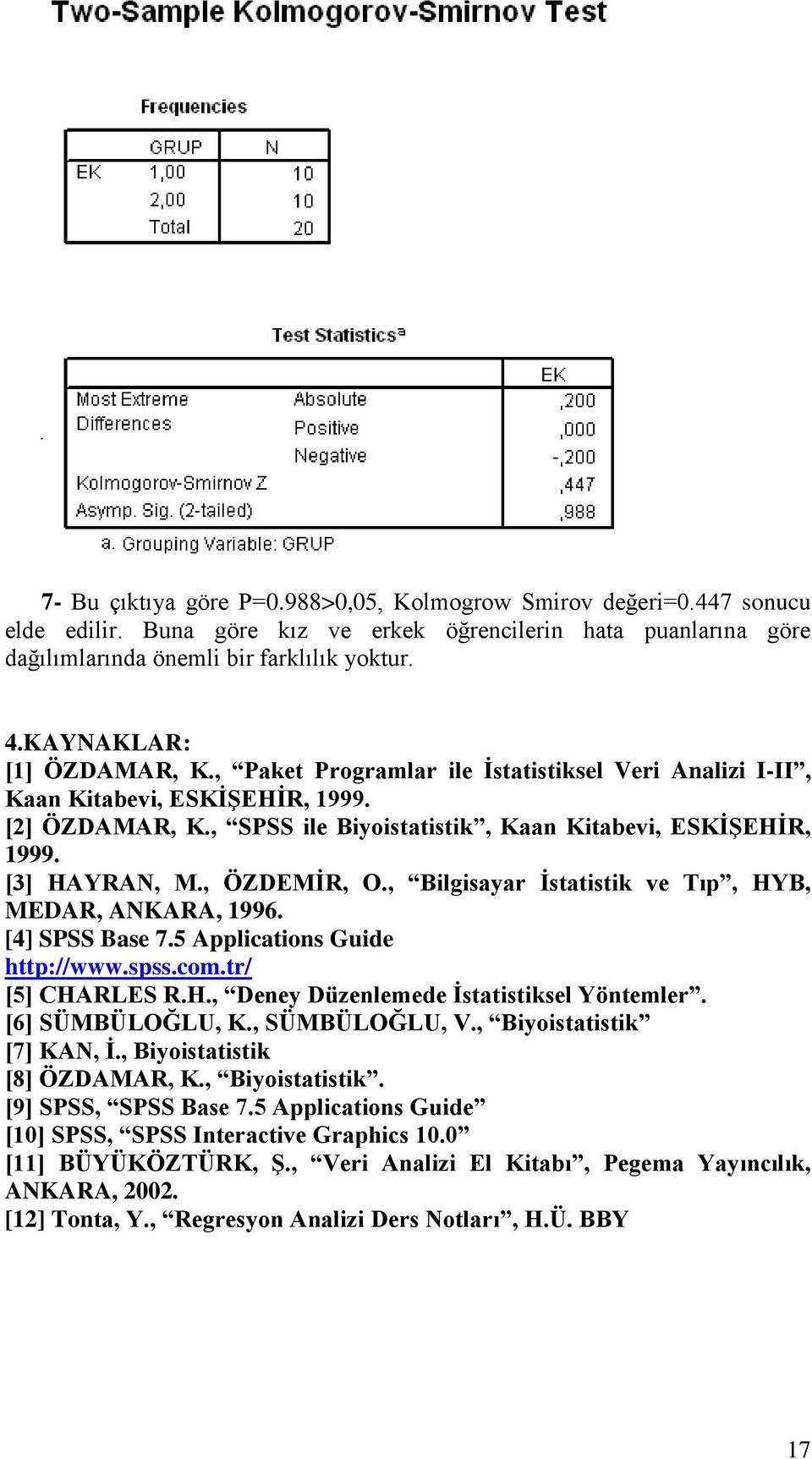 [3] HAYRAN, M., ÖZDEMİR, O., Bilgisayar İstatistik ve Tıp, HYB, MEDAR, ANKARA, 1996. [4] SPSS Base 7.5 Applications Guide http://www.spss.com.tr/ [5] CHARLES R.H., Deney Düzenlemede İstatistiksel Yöntemler.