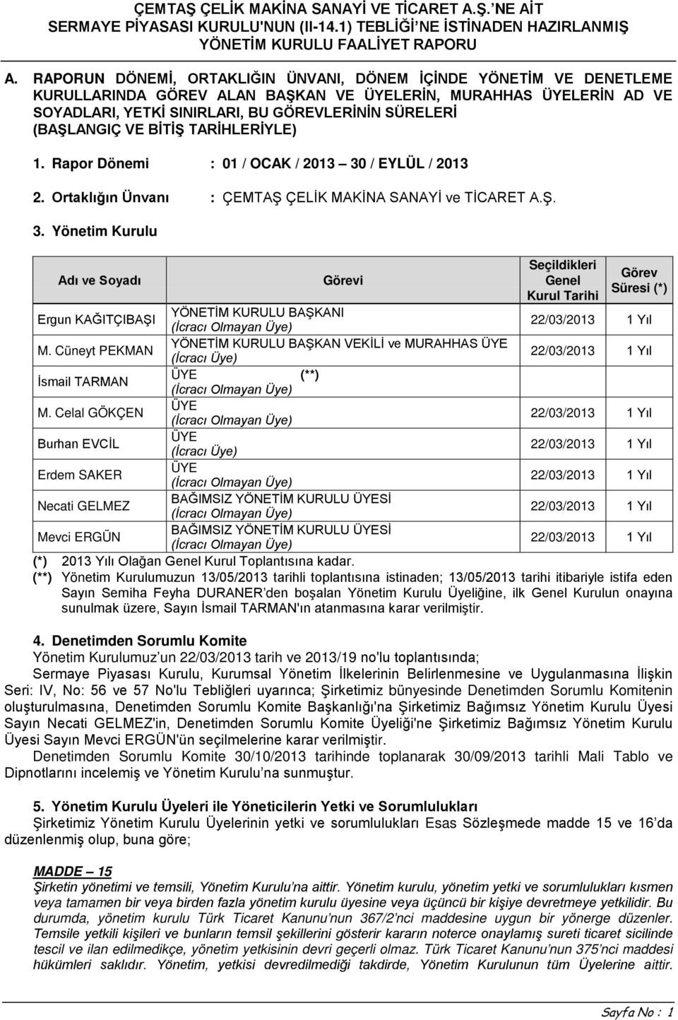 / EYLÜL / 2013 2. Ortaklığın Ünvanı : ÇEMTAŞ ÇELİK MAKİNA SANAYİ ve TİCARET A.Ş. 3.