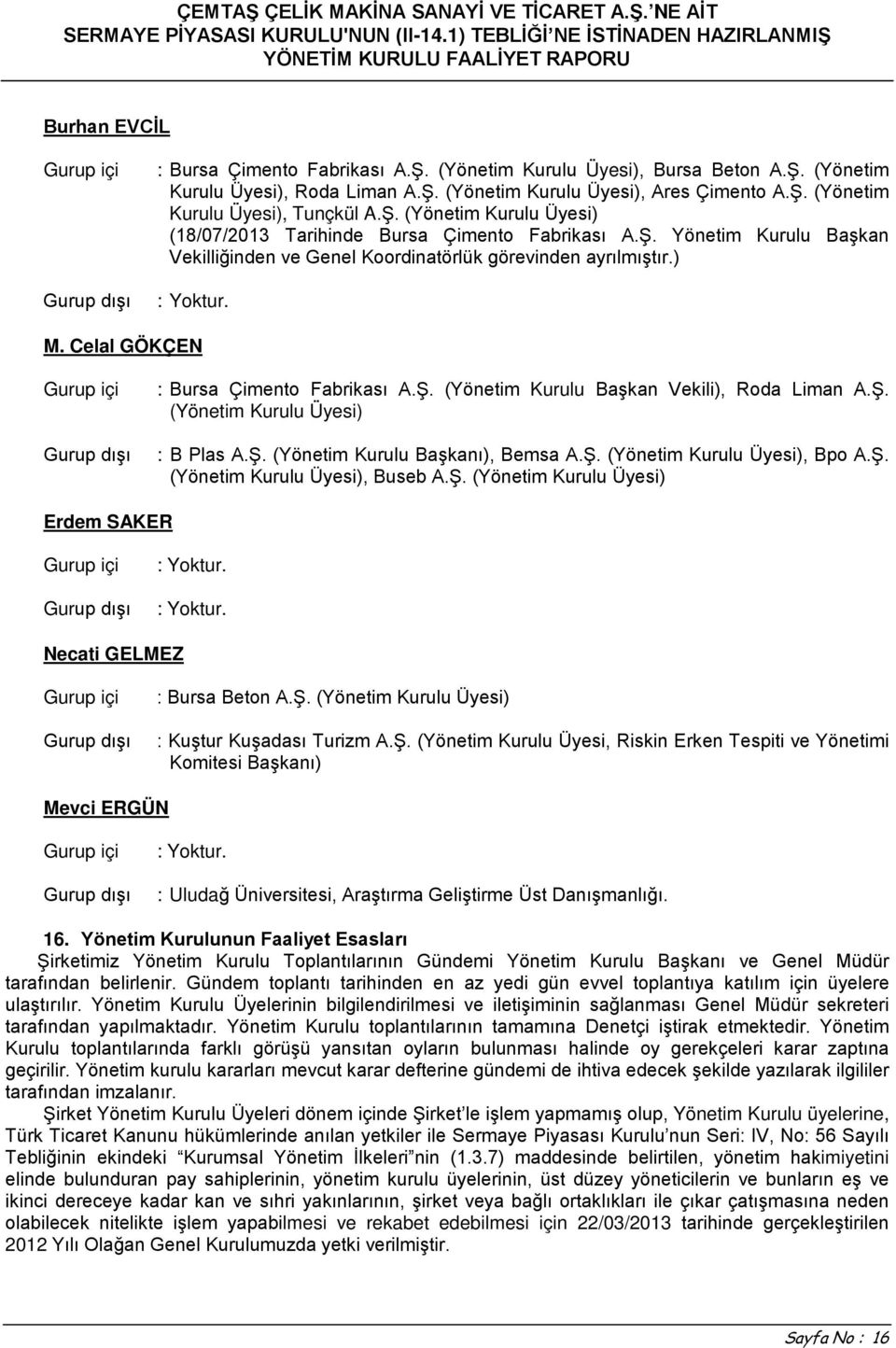 Celal GÖKÇEN : Bursa Çimento Fabrikası A.Ş. (Yönetim Kurulu Başkan Vekili), Roda Liman A.Ş. (Yönetim Kurulu Üyesi) : B Plas A.Ş. (Yönetim Kurulu Başkanı), Bemsa A.Ş. (Yönetim Kurulu Üyesi), Bpo A.Ş. (Yönetim Kurulu Üyesi), Buseb A.