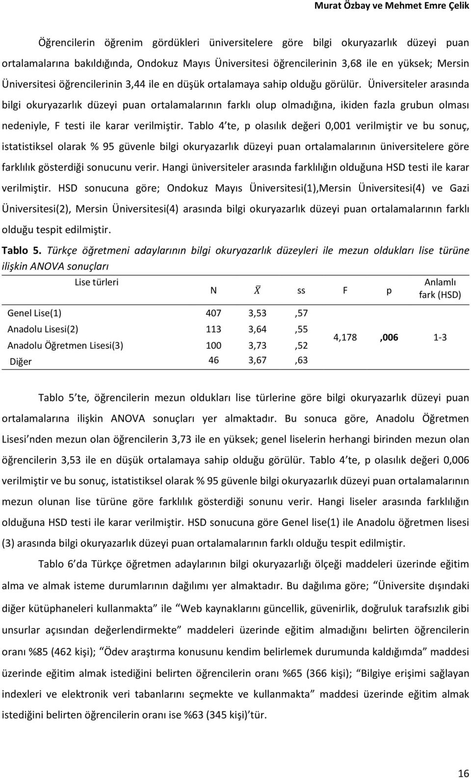 Üniversiteler arasında bilgi okuryazarlık düzeyi puan ortalamalarının farklı olup olmadığına, ikiden fazla grubun olması nedeniyle, F testi ile karar verilmiştir.