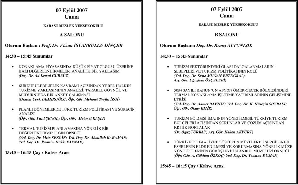 Ali Kemal GÜRBÜZ) SÜRDÜRÜLEBİLİRLİK KAVRAMI AÇISINDAN YEREL HALKIN TURİZME YAKLAŞIMININ ANALİZİ: TARAKLI, GÖYNÜK VE MUDURNU DA BİR ANKET ÇALIŞMASI (Osman Cenk DEMİROĞLU; Öğr. Gör.