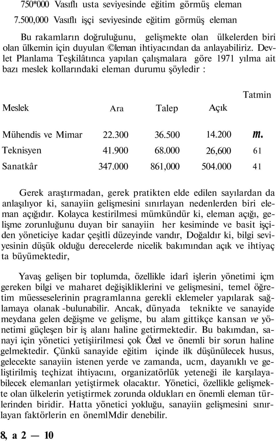 Devlet Planlama Teşkilâtınca yapılan çalışmalara göre 1971 yılma ait bazı meslek kollarındaki eleman durumu şöyledir : Meslek Ara Talep Açık Tatmin Mühendis ve Mimar 22.300 36.500 14.200 m.