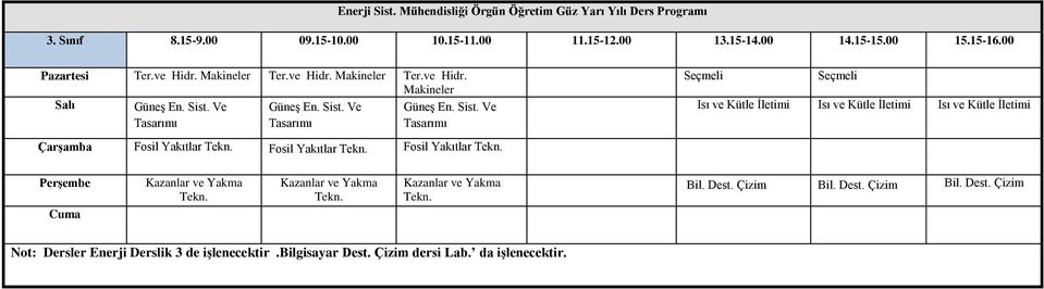 Fosil Yakıtlar Tekn. Fosil Yakıtlar Tekn. Seçmeli Seçmeli Isı ve Kütle İletimi Isı ve Kütle İletimi Isı ve Kütle İletimi Perşembe Kazanlar ve Yakma Tekn.